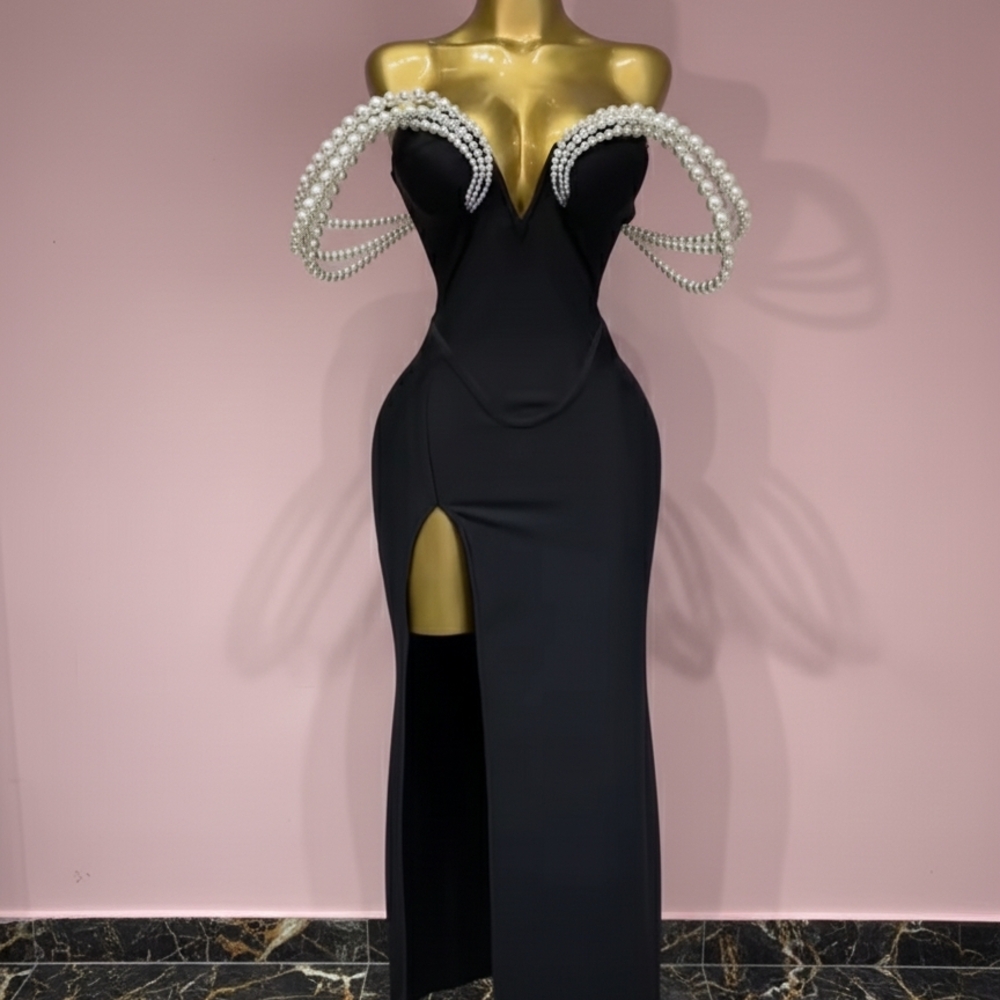 Elegant Black Off-Shoulder Dress with Pearl Detailing